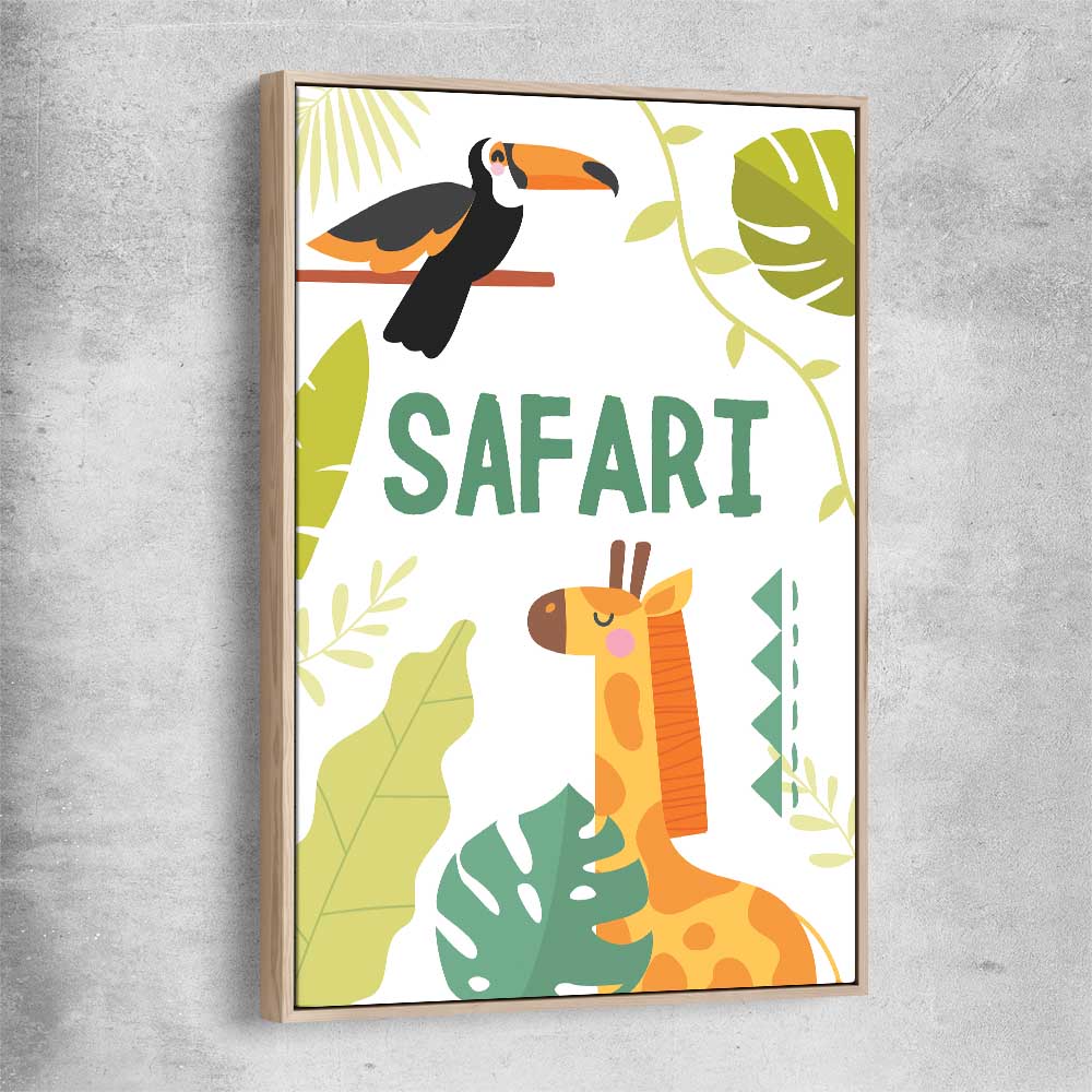 Safari Roaming raw oak framed canvas is a nursery canvas wall art and print suited for childrens nursery area