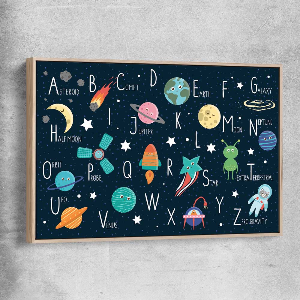 Space Alphabet raw oak framed canvas is a nursery canvas wall art and print suited for childrens nursery area