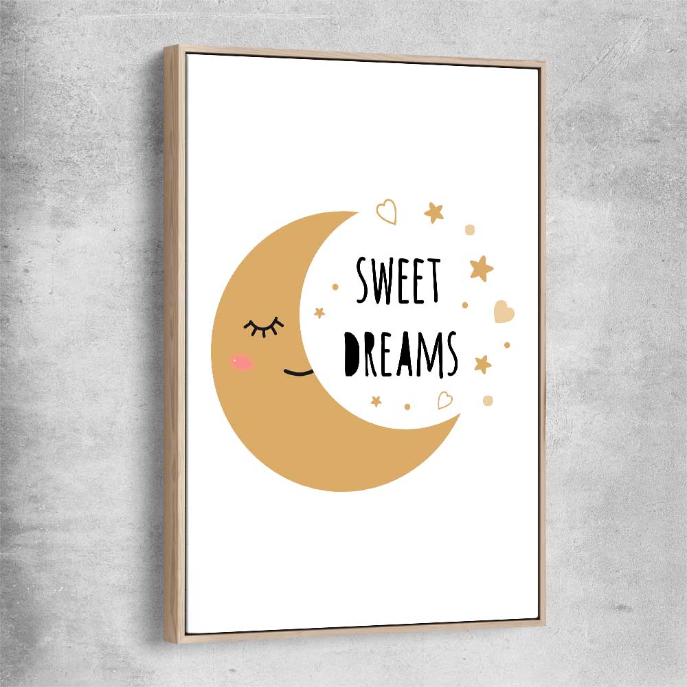 Sweet Dreams raw oak framed canvas is a nursery canvas wall art and print suited for childrens nursery area