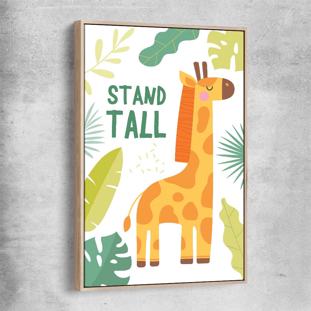 Tall Giraffe raw oak framed canvas is a nursery canvas wall art and print suited for childrens nursery area