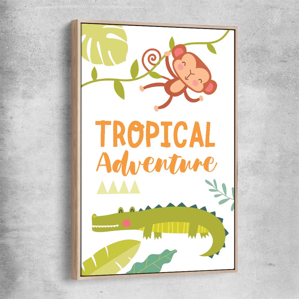 Tropical Adventure raw oak framed canvas is a nursery canvas wall art and print suited for childrens nursery area