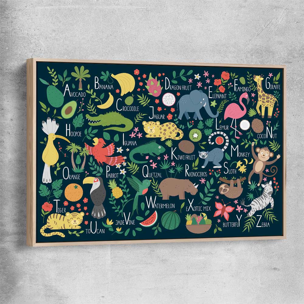 Tropical Alphabet raw oak framed canvas is a nursery canvas wall art and print suited for childrens nursery area