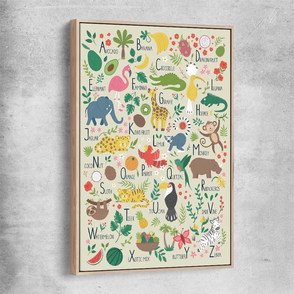 Tropical Alphabet Light raw oak framed canvas is a nursery canvas wall art and print suited for childrens nursery area