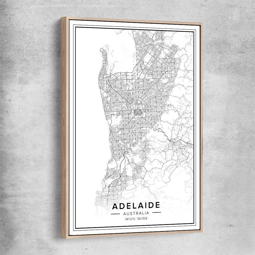 Adelaide City raw oak framed canvas is a high quality print in our city skyline, travel prints and maps collection