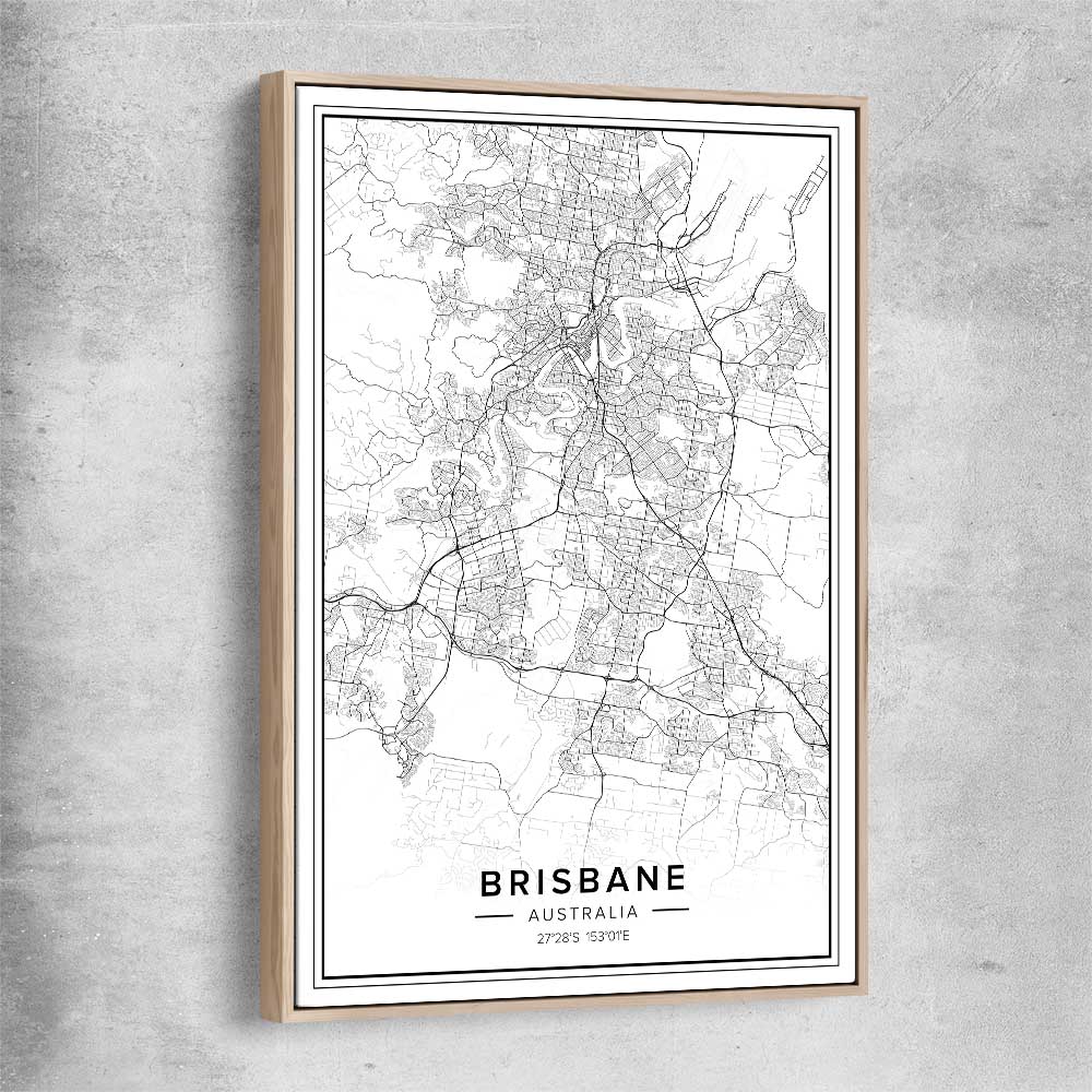 Brisbane City raw oak framed canvas is a high quality print in our city skyline, travel prints and maps collection