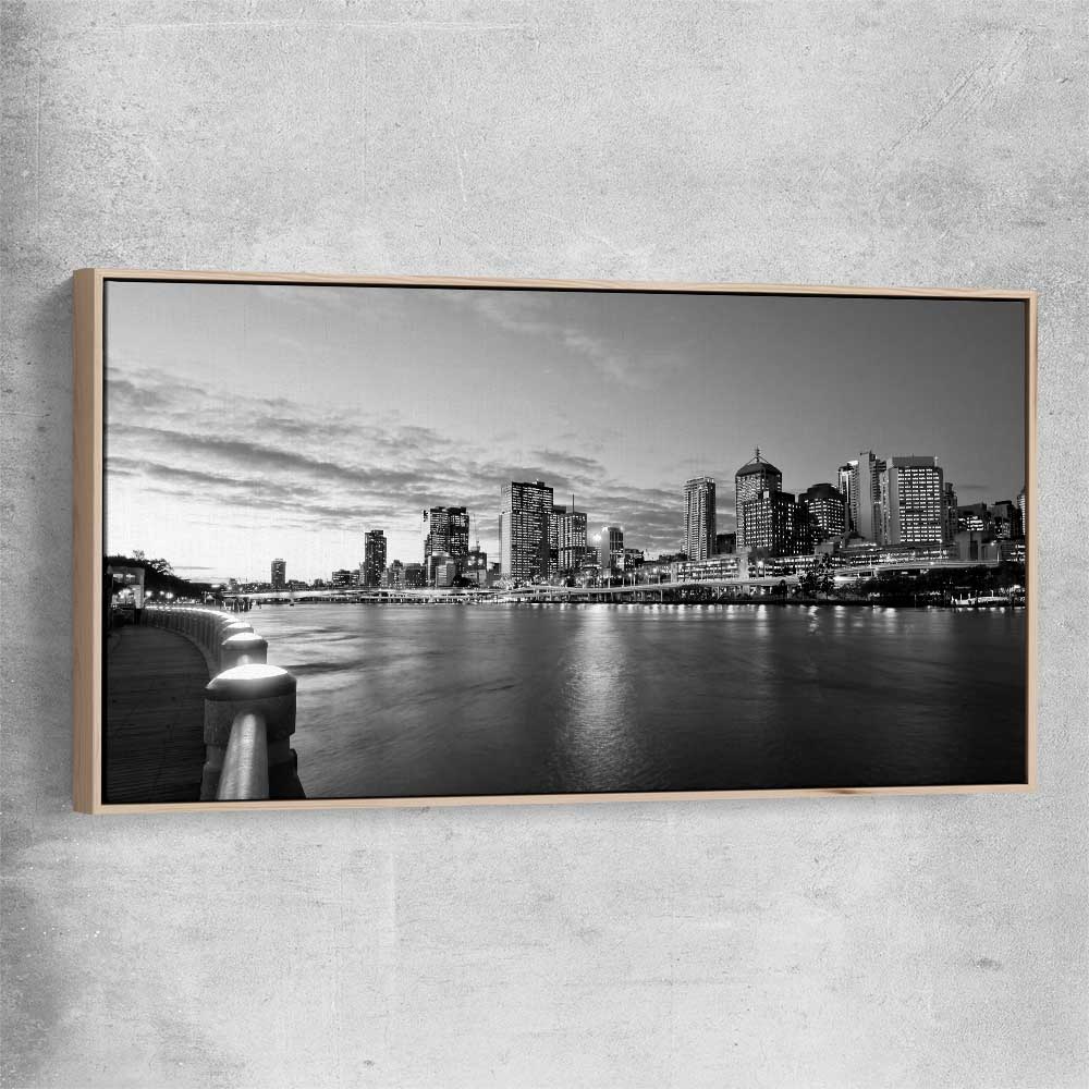 Brisbane Skyline raw oak framed canvas is a high quality print in our city skyline, travel prints and maps collection