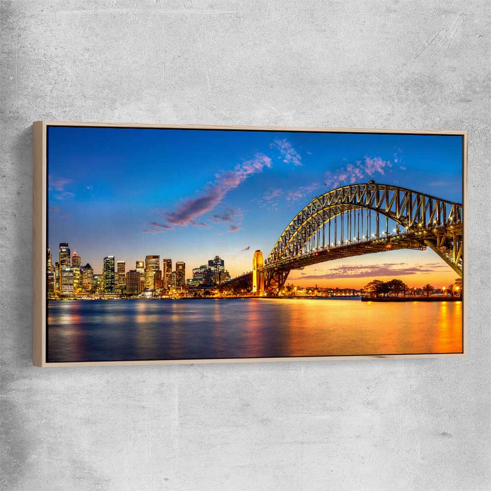 Darling Harbour raw oak framed canvas is a high quality print in our city skyline, travel prints and maps collection