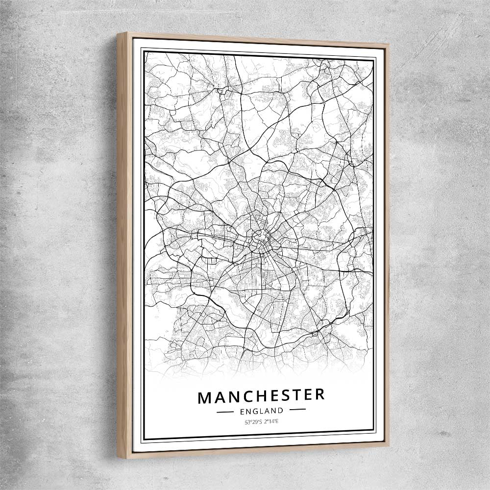 Greater Manchester raw oak framed canvas is a high quality print in our city skyline, travel prints and maps collection