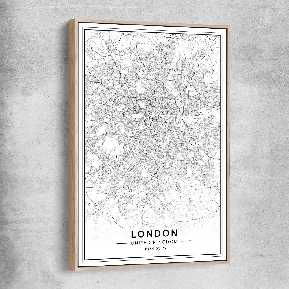 London City raw oak framed canvas is a high quality print in our city skyline, travel prints and maps collection