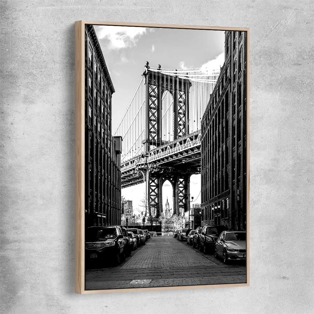 Manhattan Bridge raw oak framed canvas is a high quality print in our city skyline, travel prints and maps collection