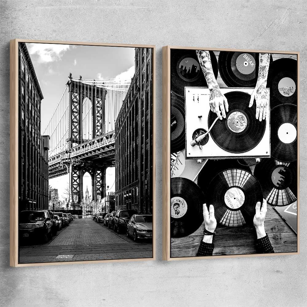 Manhattan Bridge Pair raw oak framed canvas is a high quality print in our city skyline, travel prints and maps collection