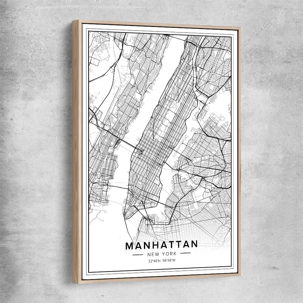 Manhattan City raw oak framed canvas is a high quality print in our city skyline, travel prints and maps collection