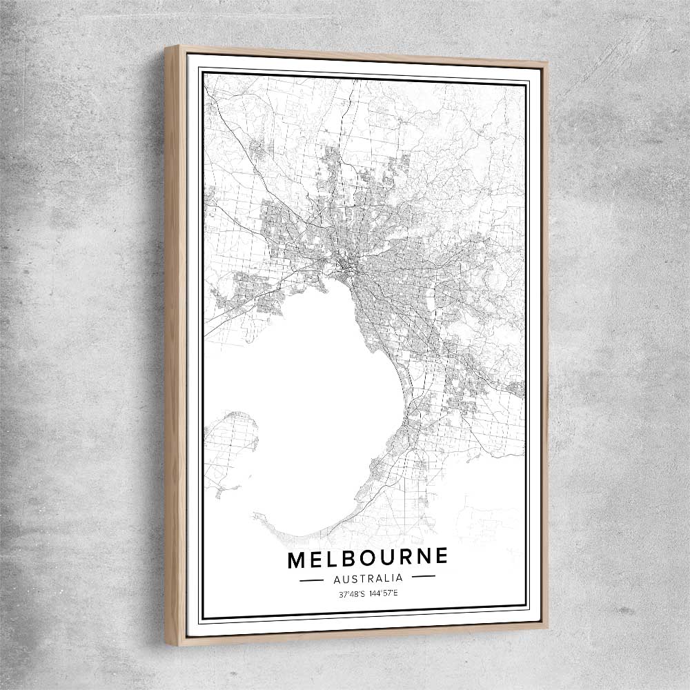 Melbourne City raw oak framed canvas is a high quality print in our city skyline, travel prints and maps collection