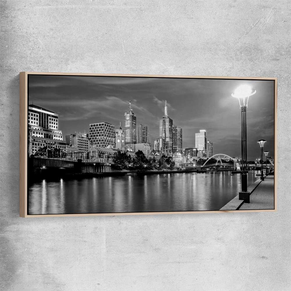 Melbourne Skyline raw oak framed canvas is a high quality print in our city skyline, travel prints and maps collection