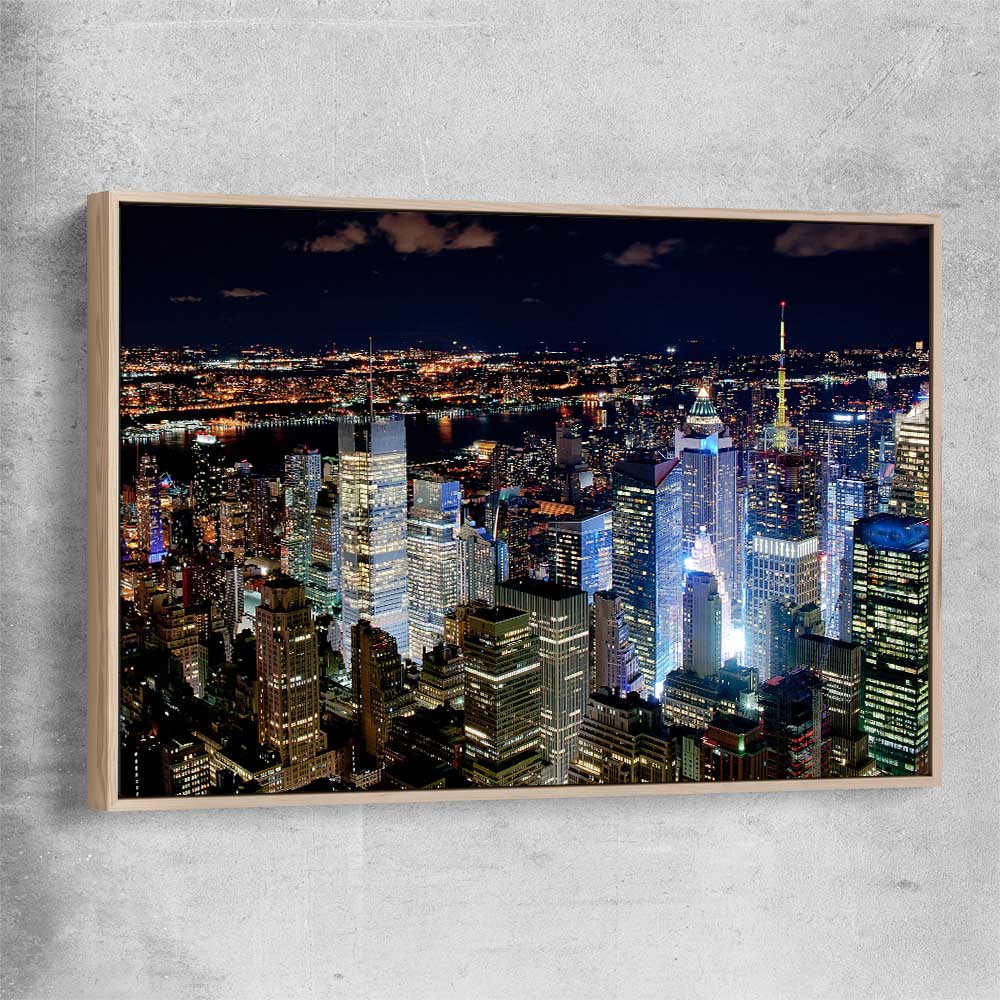 New York Glow raw oak framed canvas is a high quality print in our city skyline, travel prints and maps collection