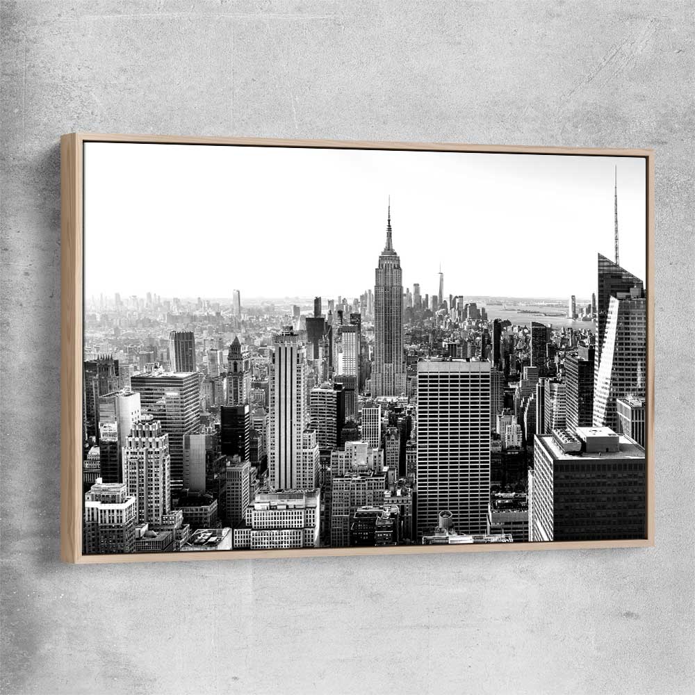 New York Skyline raw oak framed canvas is a high quality print in our city skyline, travel prints and maps collection