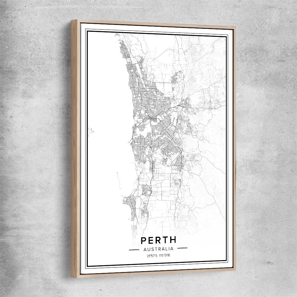 Perth City raw oak framed canvas is a high quality print in our city skyline, travel prints and maps collection