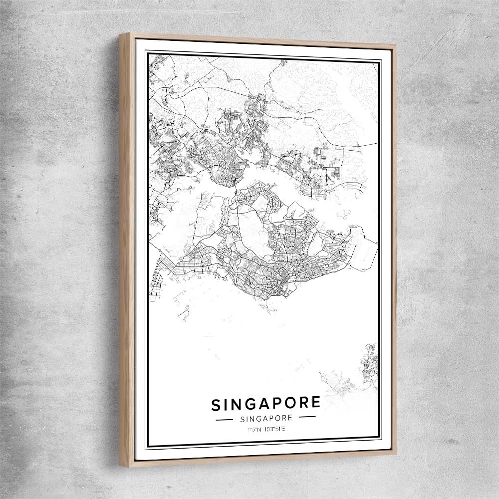 Singapore City raw oak framed canvas is a high quality print in our city skyline, travel prints and maps collection