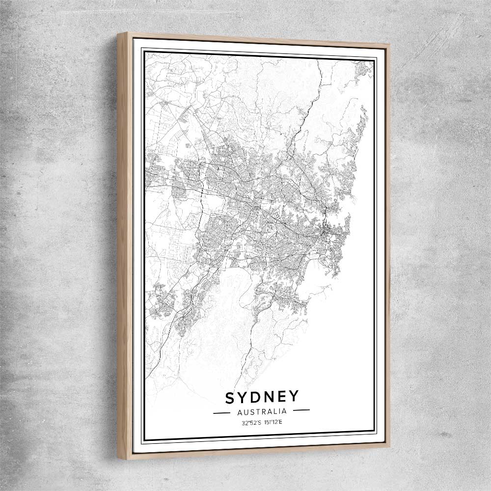 Sydney City raw oak framed canvas is a high quality print in our city skyline, travel prints and maps collection