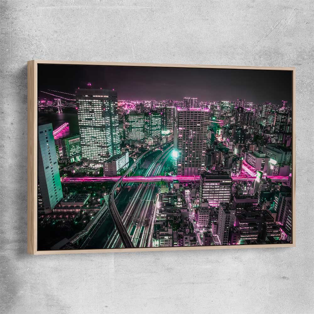 Tokyo Lights raw oak framed canvas is a high quality print in our city skyline, travel prints and maps collection
