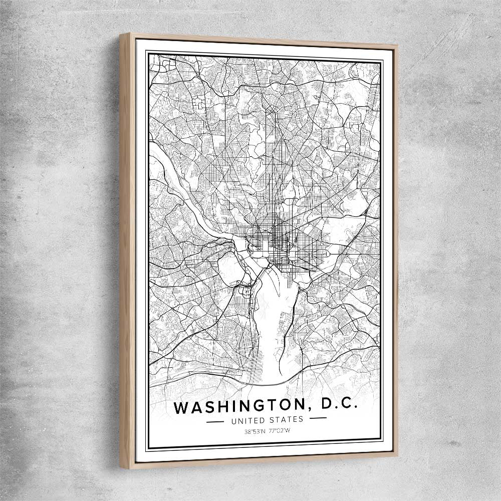 Washington City raw oak framed canvas is a high quality print in our city skyline, travel prints and maps collection