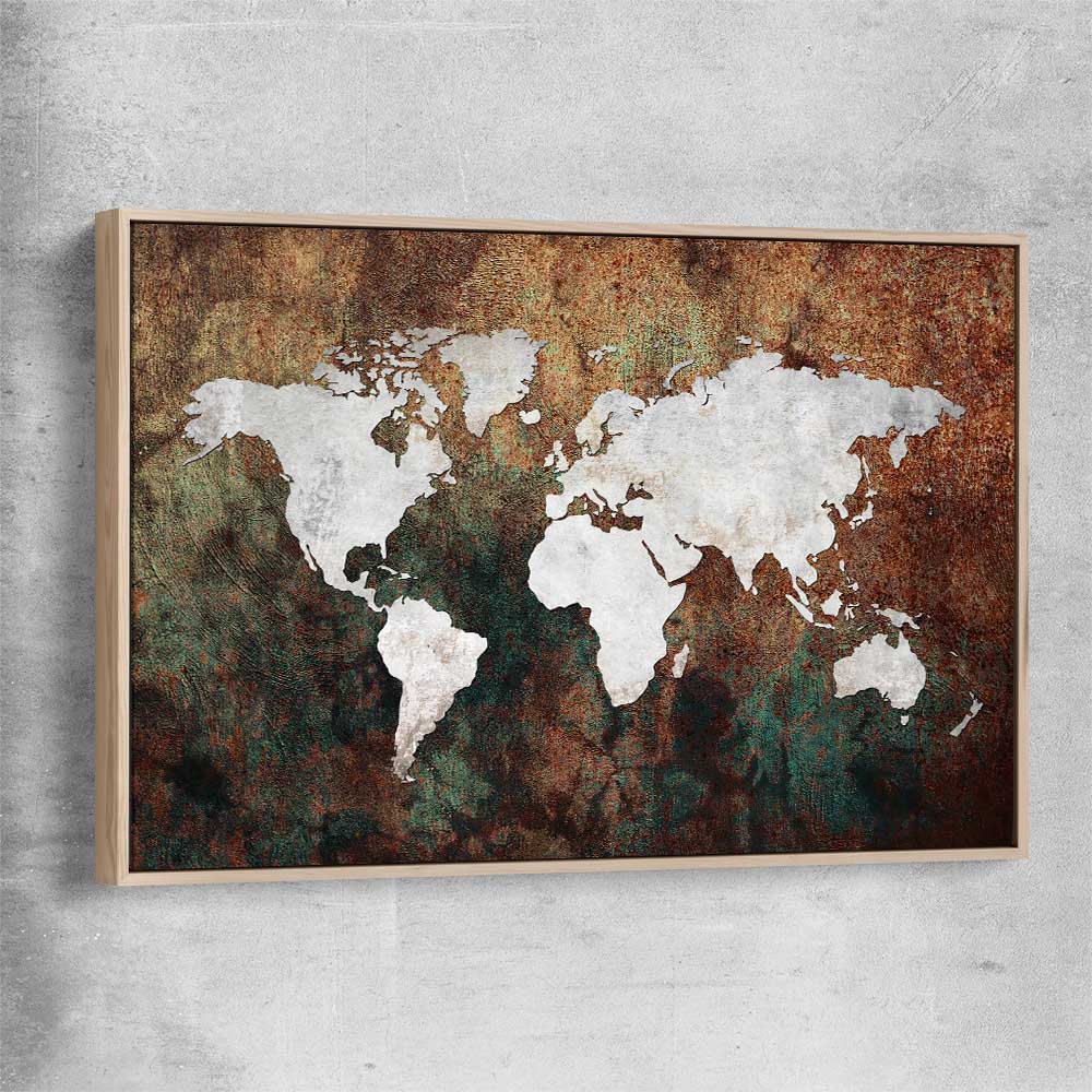 World Grunge raw oak framed canvas is a high quality print in our city skyline, travel prints and maps collection