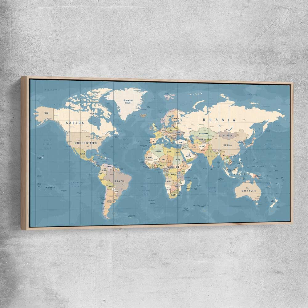 World Map raw oak framed canvas is a high quality print in our city skyline, travel prints and maps collection