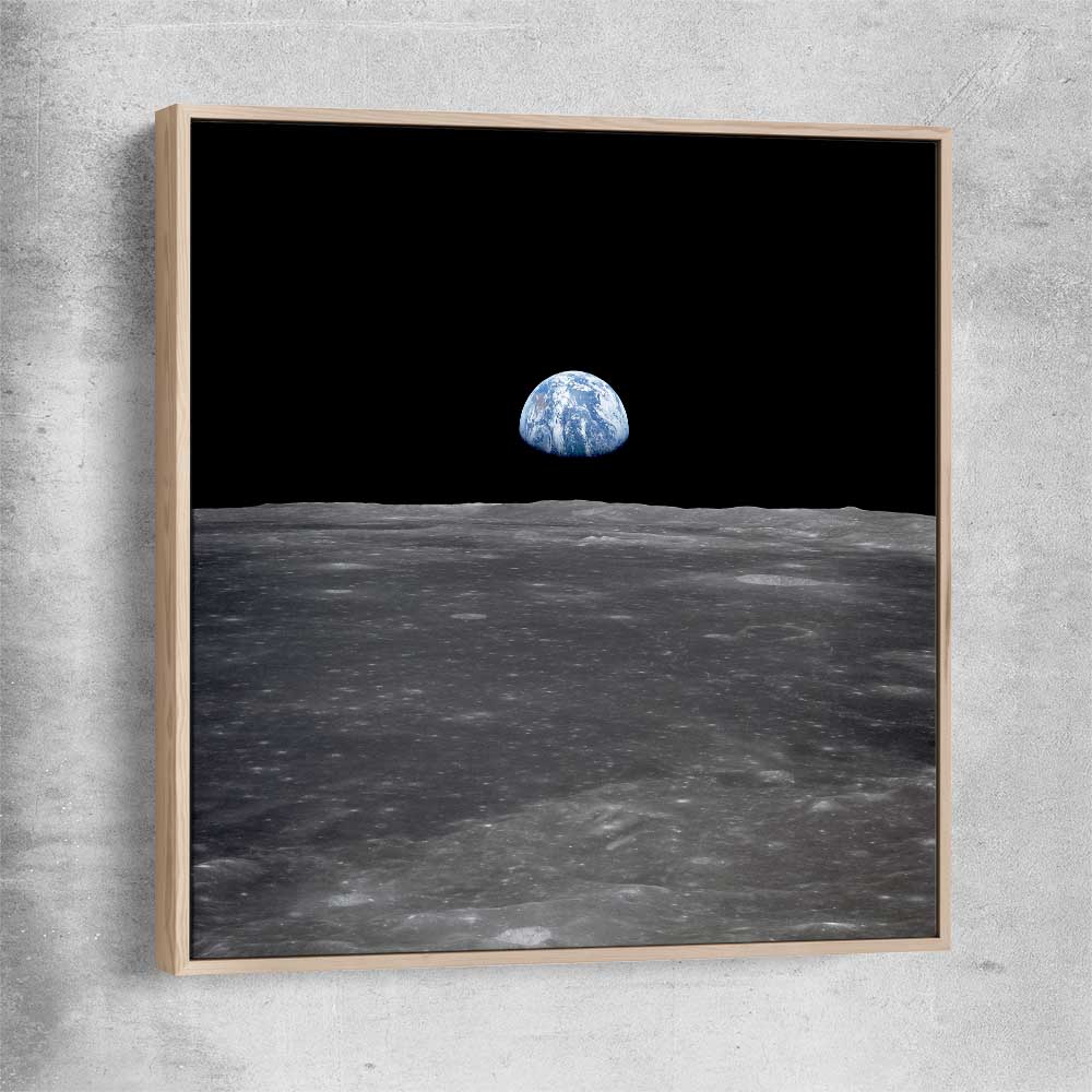 Space prints and wall art of Earthrise with raw oak framed canvas