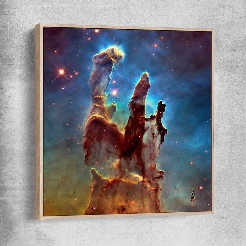 Space prints and wall art of Pillars of Creation with raw oak framed canvas