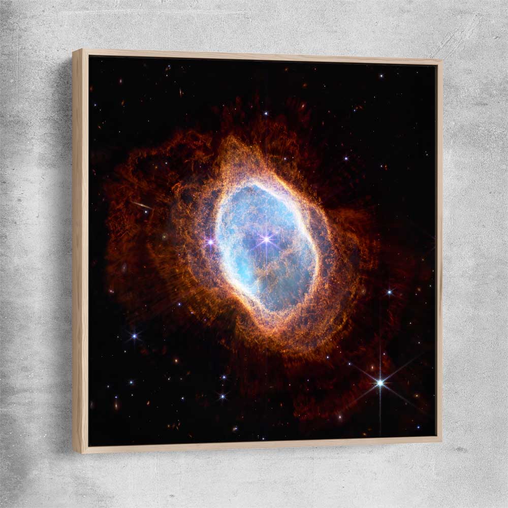 Space prints and wall art of Southern Ring Nebula with raw oak framed canvas