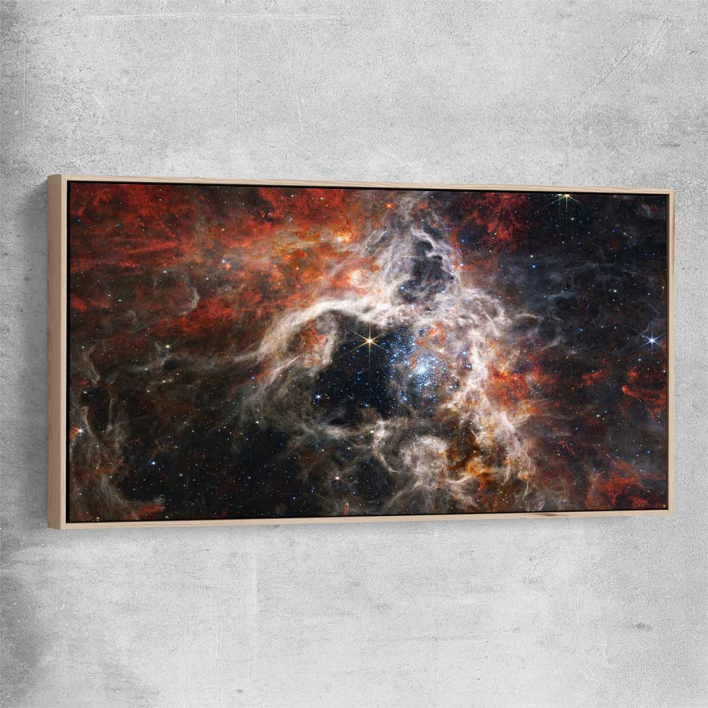 Space prints and wall art of Tarantula Nebula with raw oak framed canvas