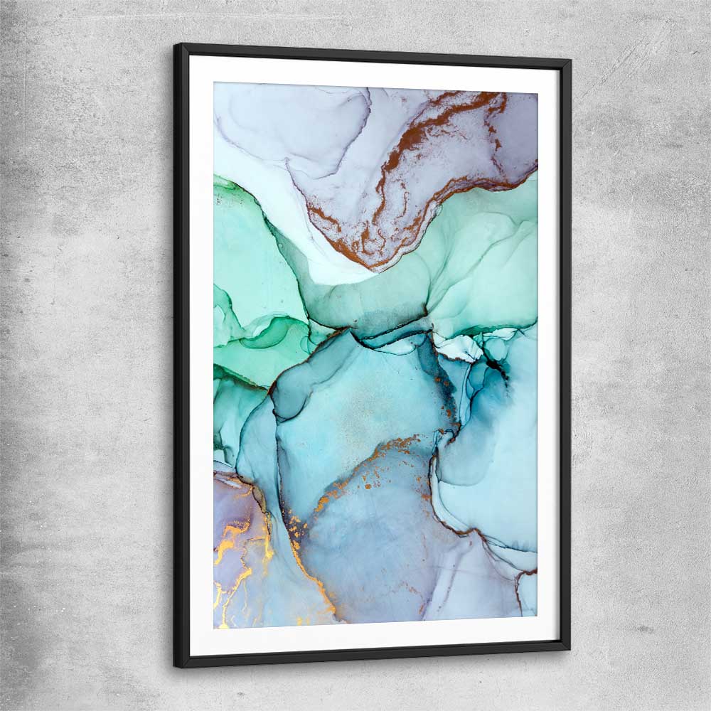 Aqua Gold black glass front frame - part of our high quality canvas abstract wall art collection