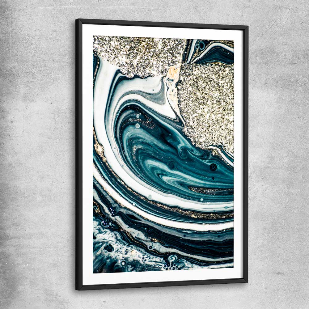 Aqua Swirls black glass front frame - part of our high quality canvas abstract wall art collection