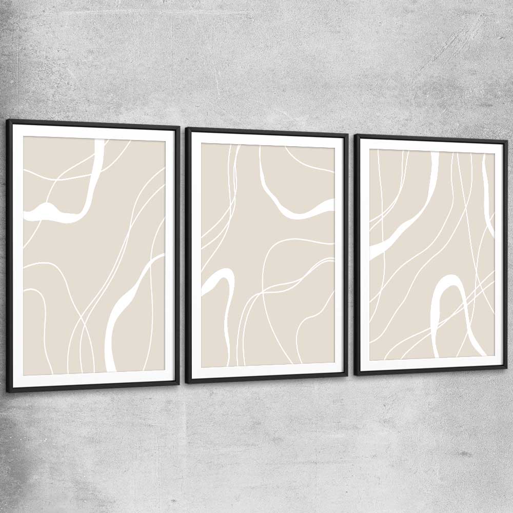 Beige Lines Set black glass front frame - part of our high quality canvas abstract wall art collection