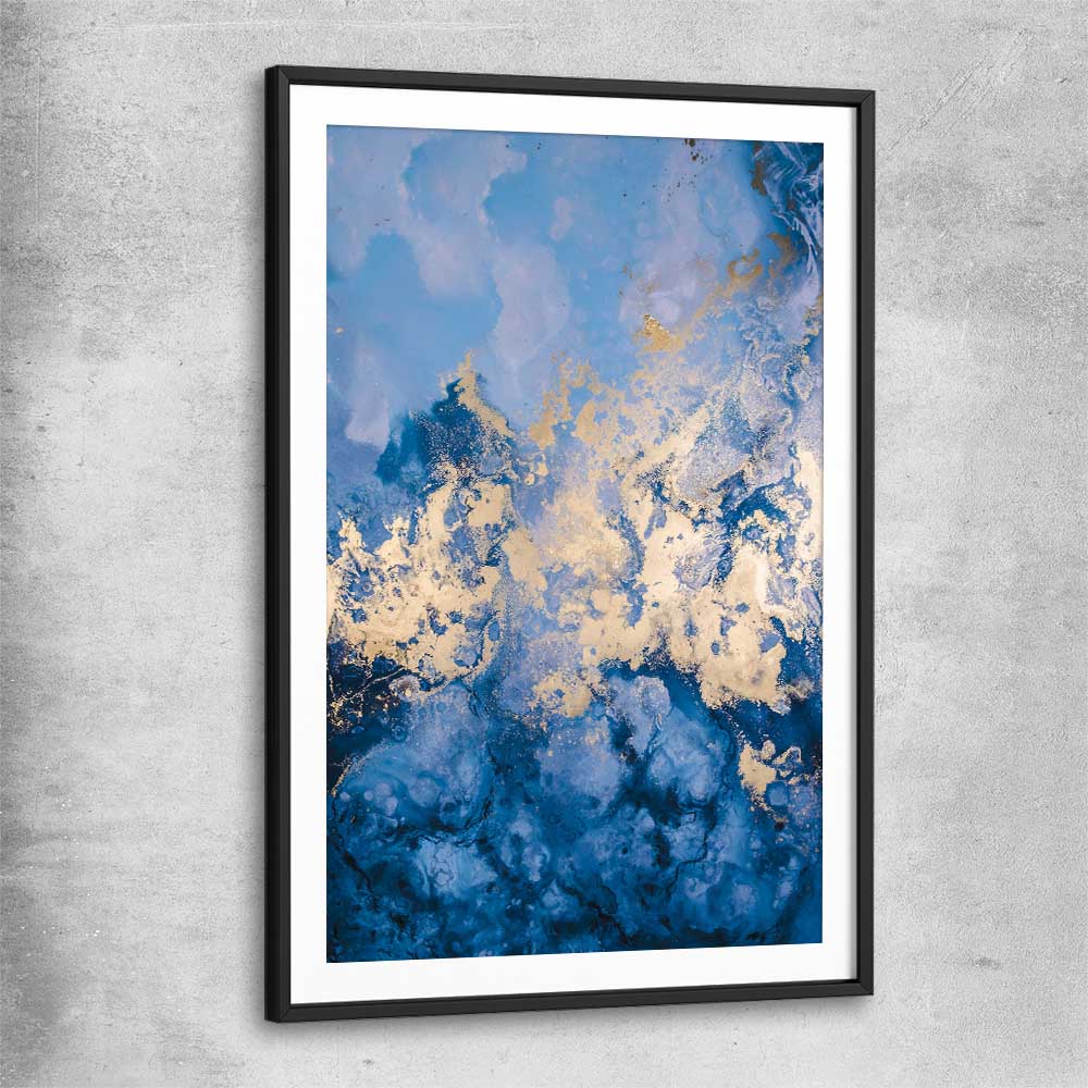 Blue and Gold Flow black glass front frame - part of our high quality canvas abstract wall art collection