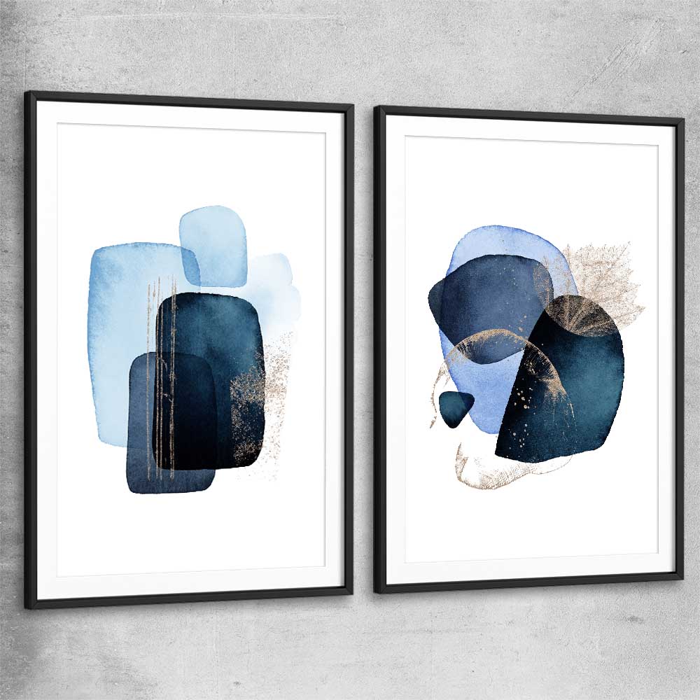 Blue Ivory Pair black glass front frame - part of our high quality canvas abstract wall art collection