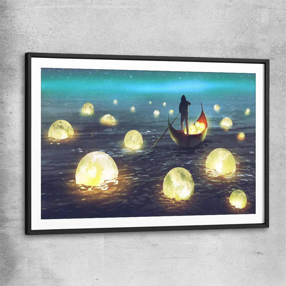 Glowing Moons black glass front frame - part of our high quality canvas abstract wall art collection