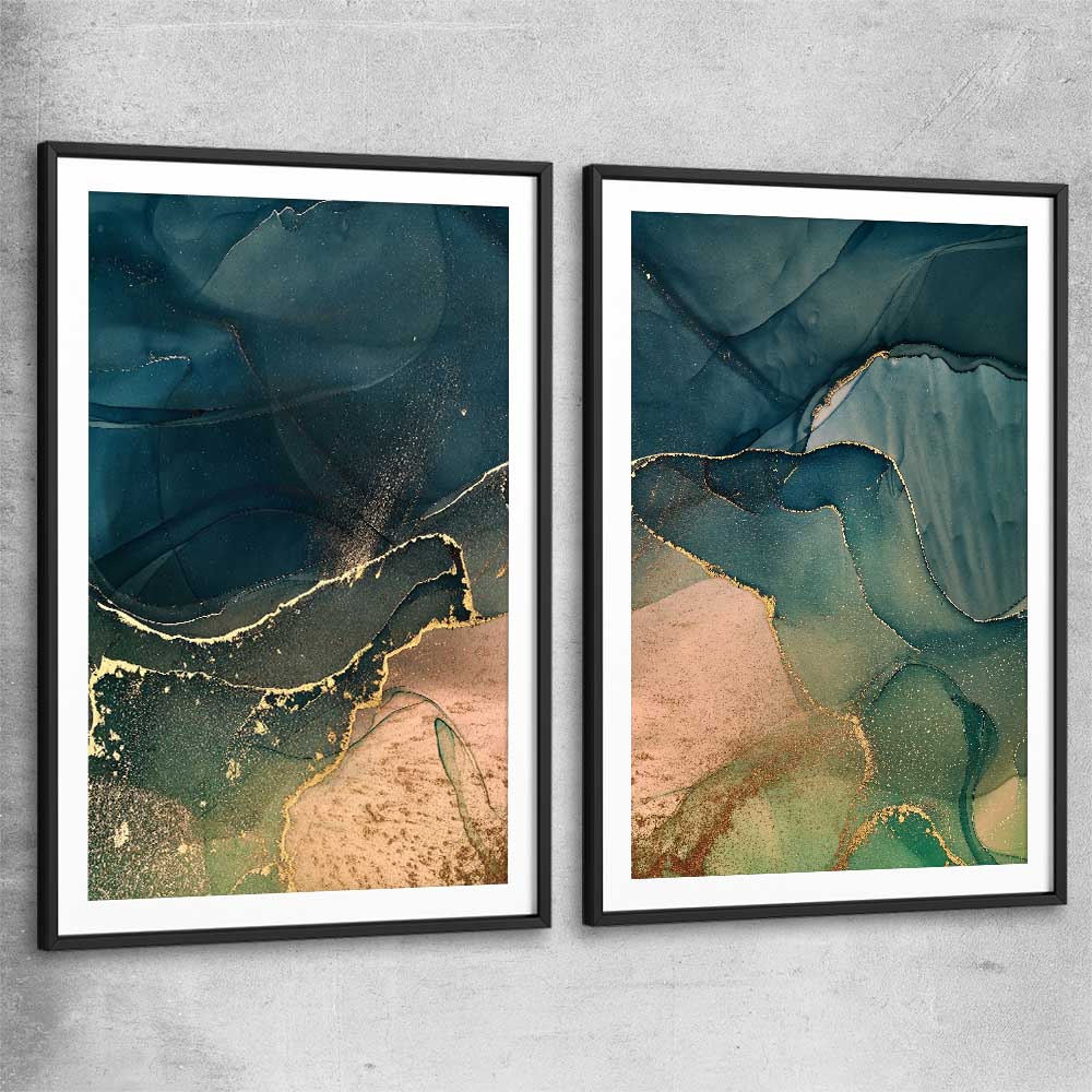 Golden Mist Pair black glass front frame - part of our high quality canvas abstract wall art collection