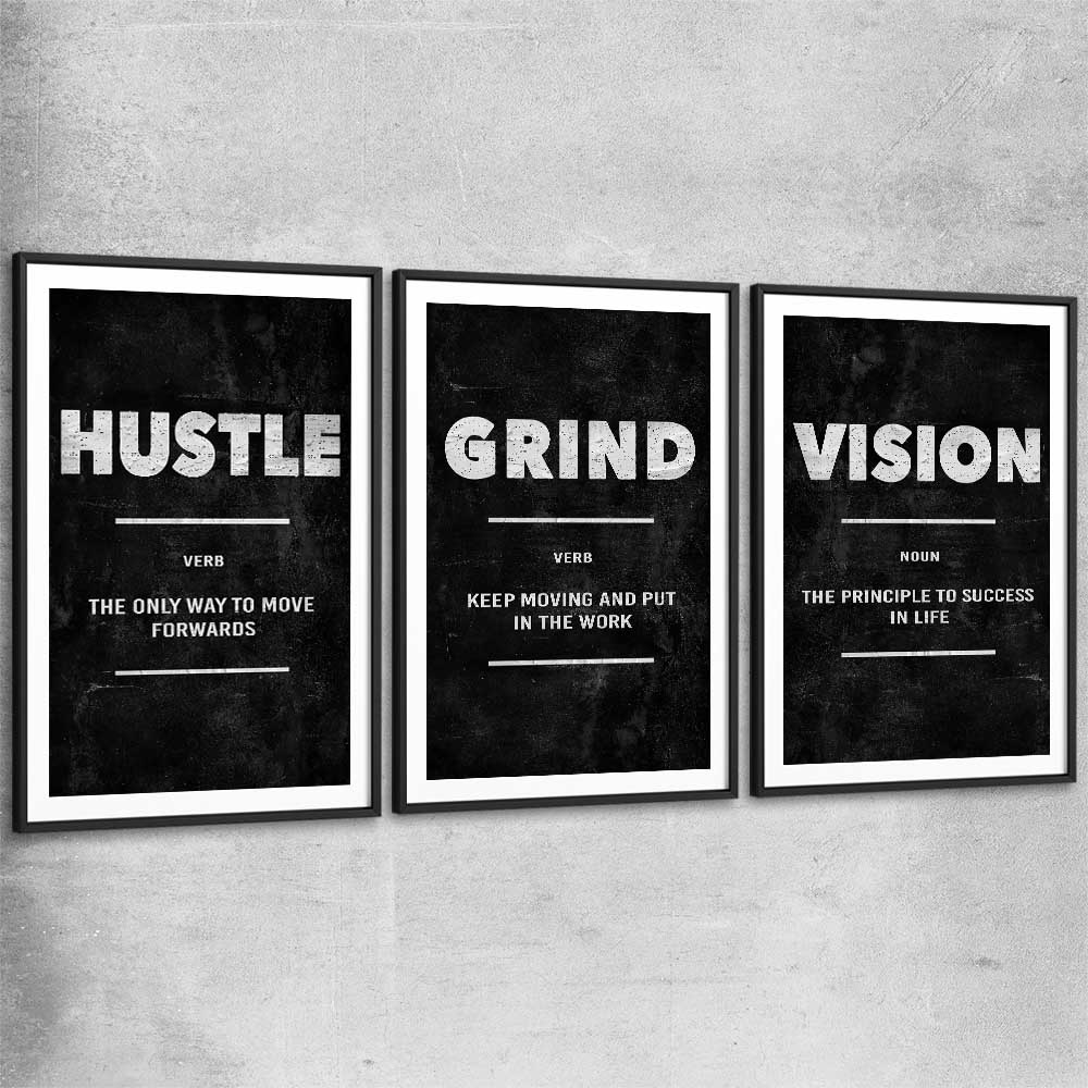 Inspirational wall art print of Hustle Definition Set with black glass front frame