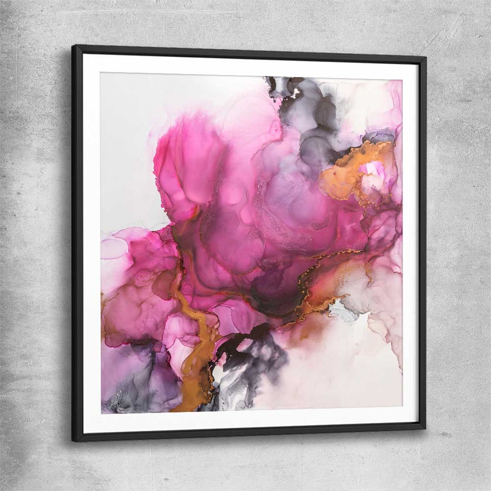 Pink Burst black glass front frame - part of our high quality canvas abstract wall art collection