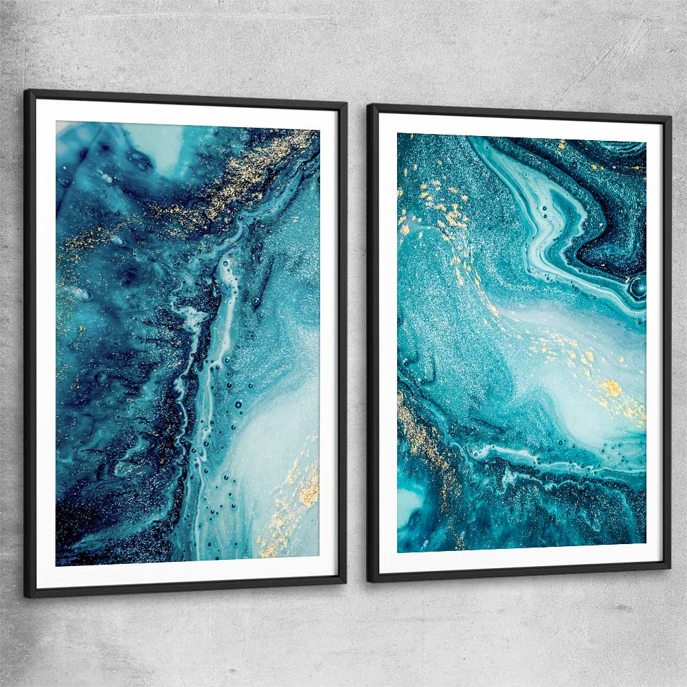 Turquoise Ocean Pair black glass front frame - part of our high quality canvas abstract wall art collection