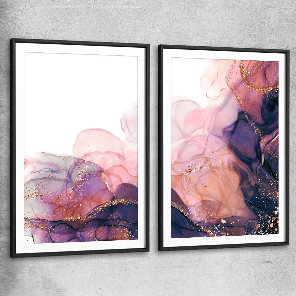 Violet Haze Pair black glass front frame - part of our high quality canvas abstract wall art collection