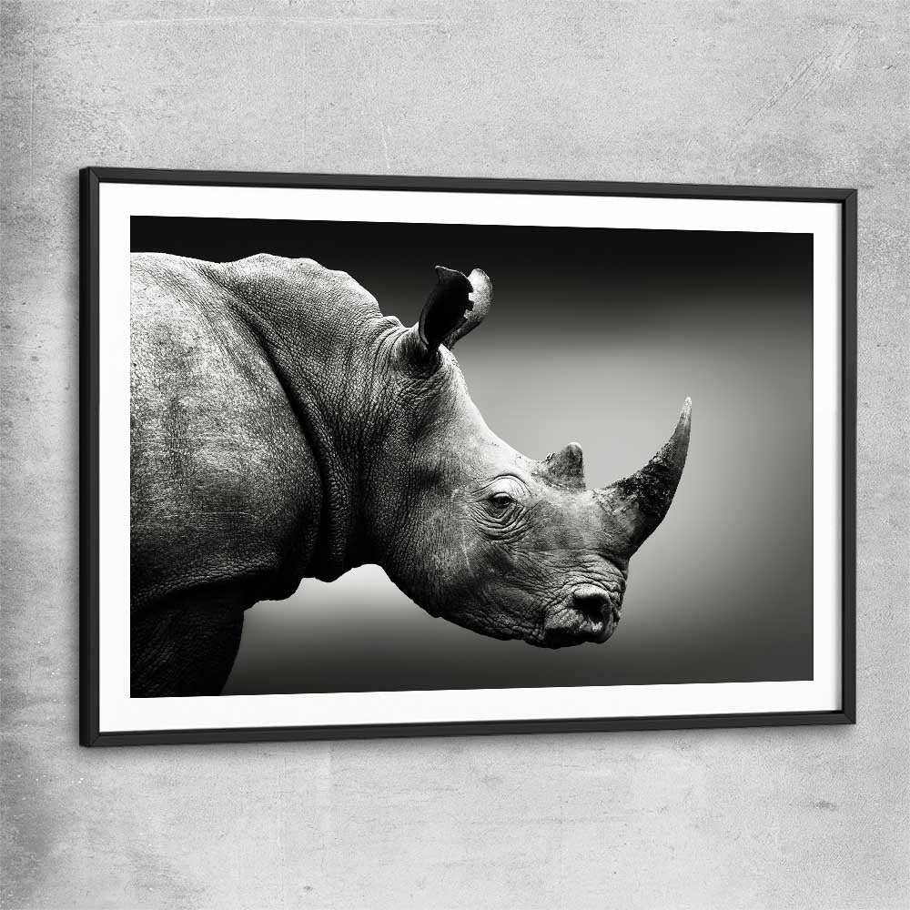 Animal wall art and canvas prints of Monochrome Rhinoceros with black glass front frame