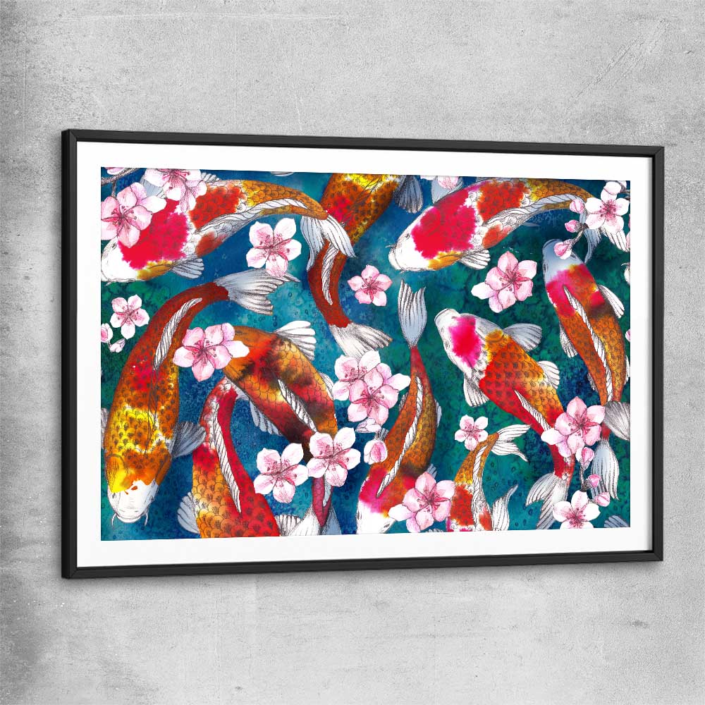 Animal wall art and canvas prints of Watercolour Carp with black glass front frame