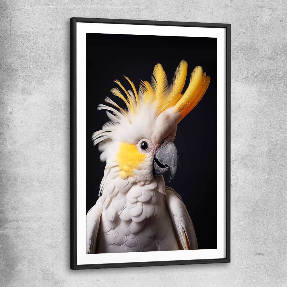 Animal wall art and canvas prints of Yellow Cockatoo One with black glass front frame