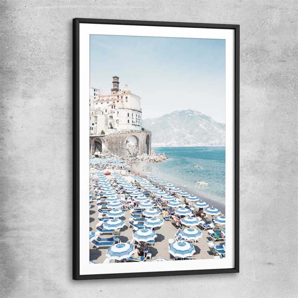 Beach and coastal wall art print of Amalfi Coast with black glass front frame