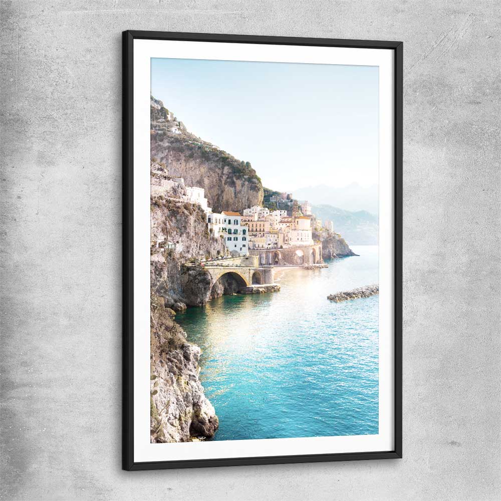 Beach and coastal wall art print of Amalfi Edge with black glass front frame