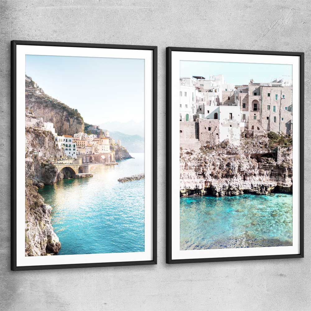 Beach and coastal wall art print of Amalfi Edge Pair with black glass front frame