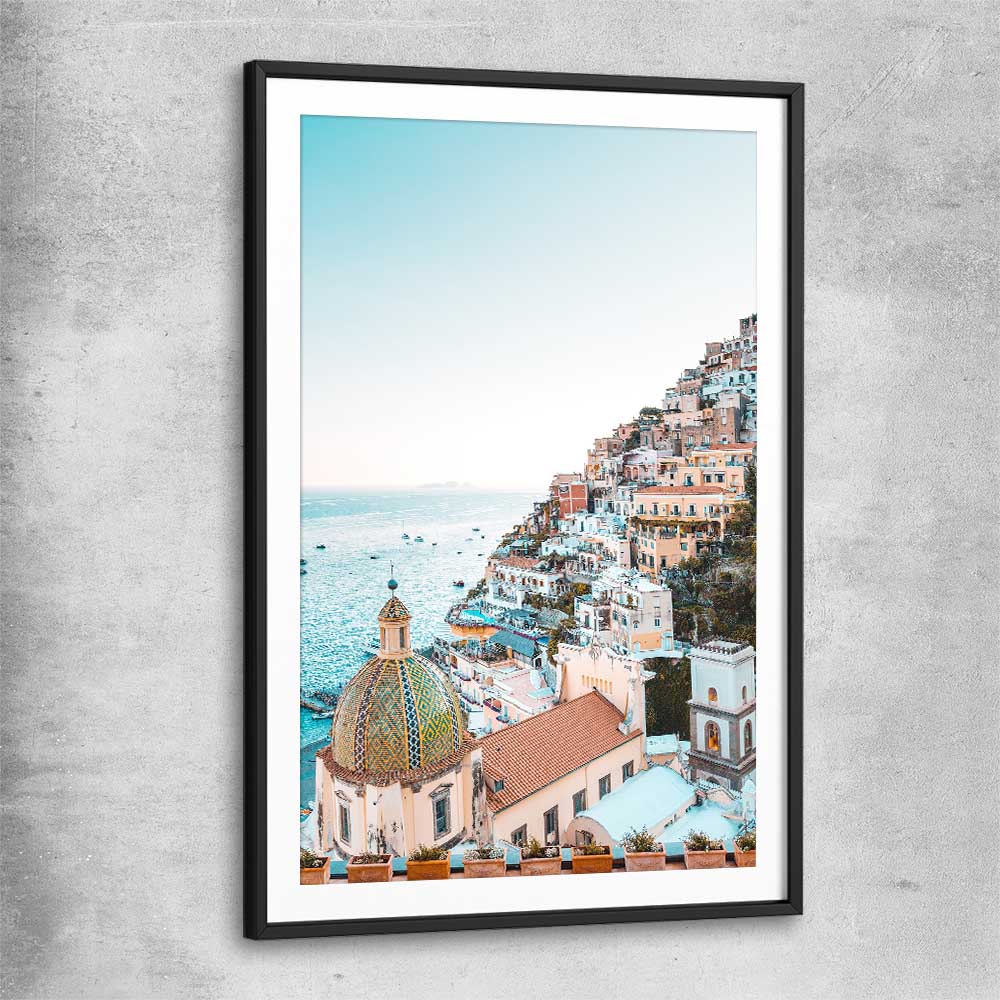 Beach and coastal wall art print of Amalfi View with black glass front frame