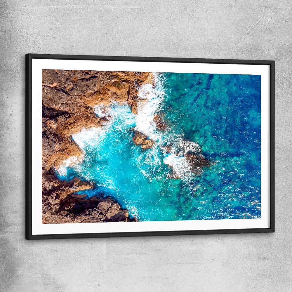 Beach and coastal wall art print of Azure Blue Sea with black glass front frame